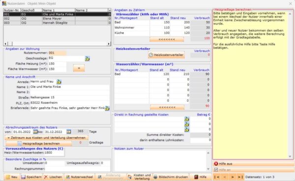 Einpflegen der Nutzerdaten im Programm Heizkosten easy