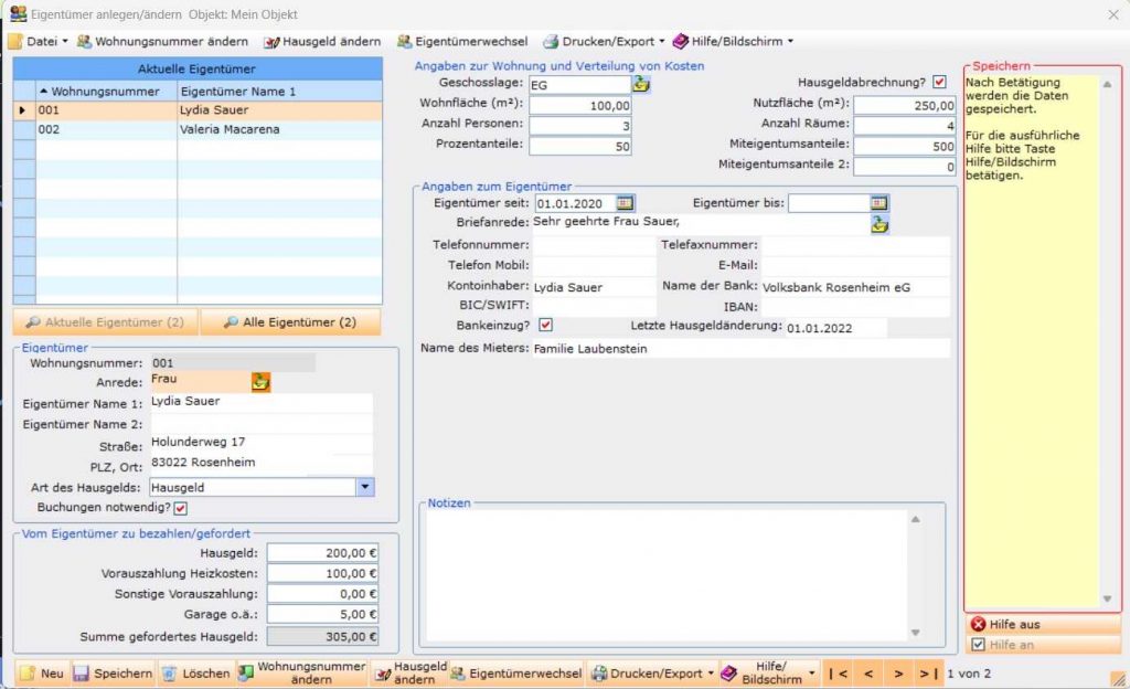 Eigentümer anlegen im Programm Hausverwaltung easy