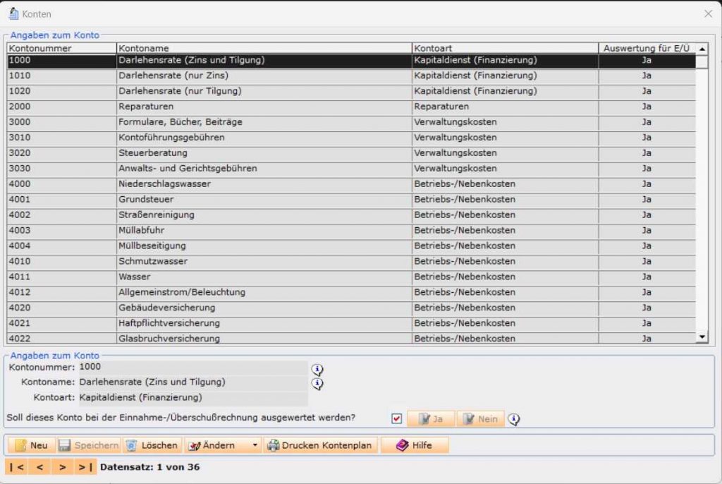 Aus- und Einnahmekonten verwalten im Programm Hausverwaltung easy