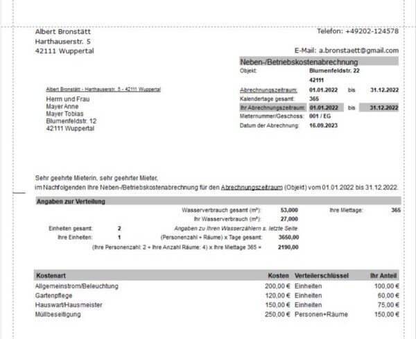 Fertig erstellte Nebenkostenabrechnung im Programm Nebenkosten easy