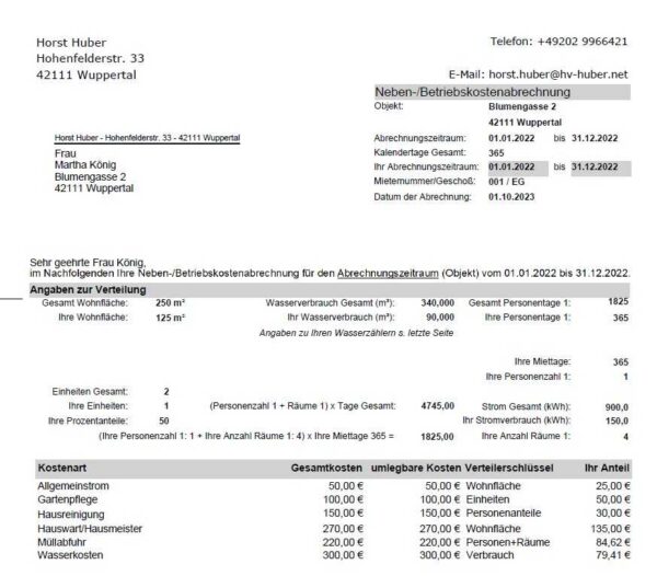 Fertige Nebenkostenabrechnung im Programm Nebenkosten easy professional