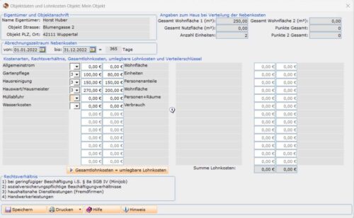 Eingabe der Lohnkosten für die haushaltsnahen Dienstleistungen nach §35a im Programm Nebenkosten easy professional