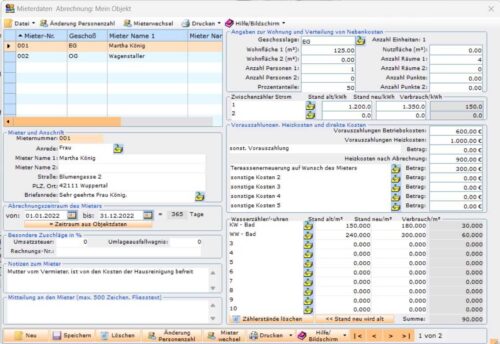 Stammdaten der Mieter im Programm Nebenkosten easy professional